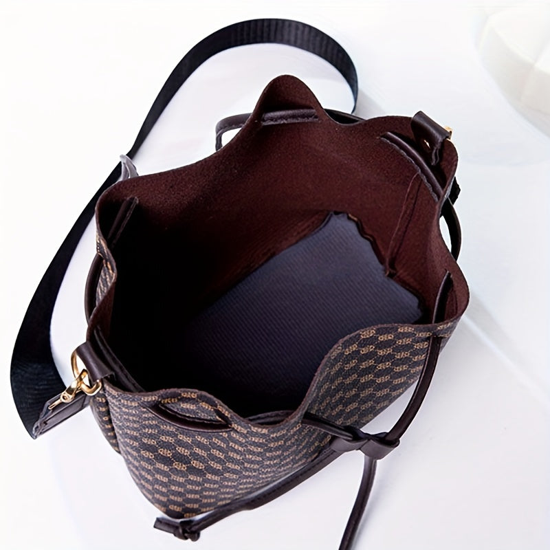 1PC Men's Fashion Printed Bucket Bag, PU Leather Shoulder Bag, Drawstring Strap Straddle Bag, Mini Tote Bag
