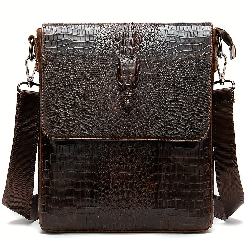 Vintage Genuine Leather Shoulder Bag, Crocodile Pattern Crossbody Bag For Work Commuting, Business Bag, Gift For Husband