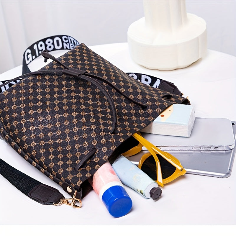 1PC Men's Fashion Printed Bucket Bag, PU Leather Shoulder Bag, Drawstring Strap Straddle Bag, Mini Tote Bag