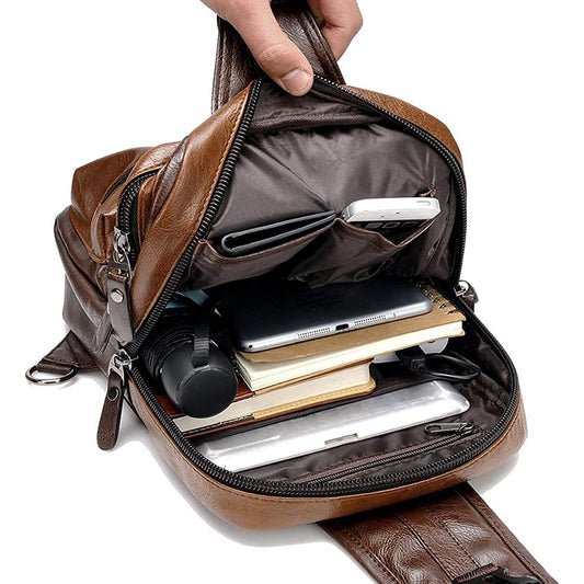 Small Black Sling Crossbody Backpack Shoulder Bag Vintage PU Leather Sling Backpack With USB Charger
