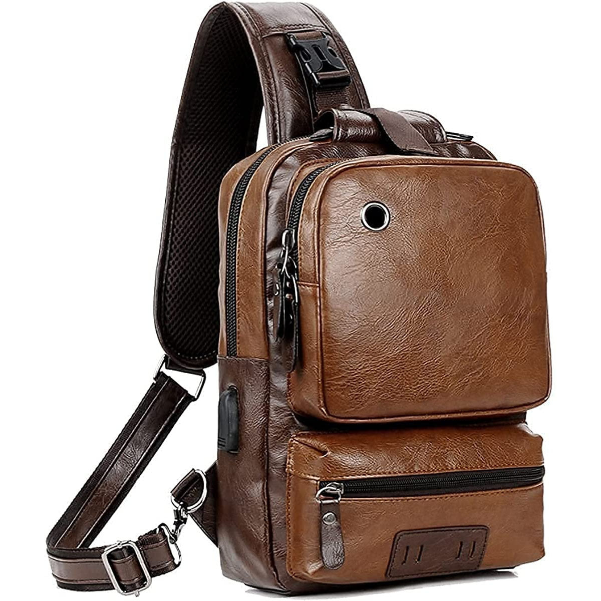 Small Black Sling Crossbody Backpack Shoulder Bag Vintage PU Leather Sling Backpack With USB Charger