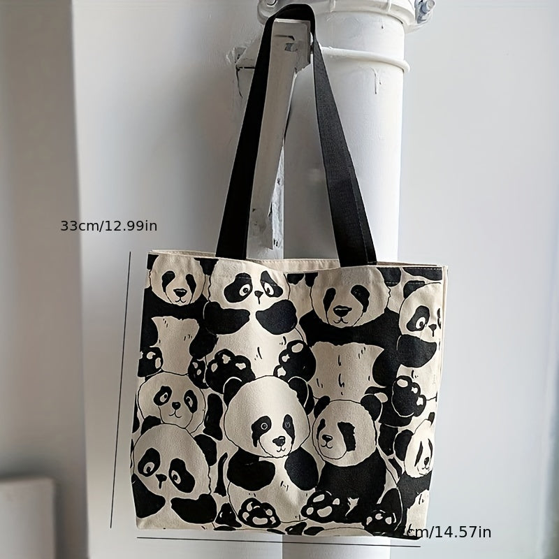 Large Capacity Shoulder Bag, Cute Panda Canvas Handbag Bookbag, Shopping Tote Bag
