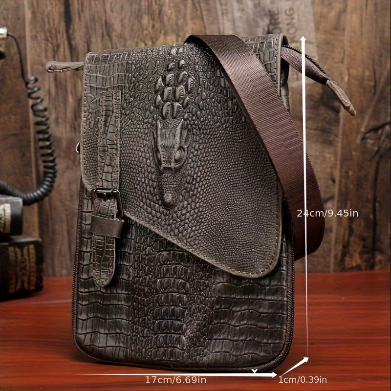 1pc Men's Cowhide Small Shoulder Bag, Crocodile Pattern Casual Commute Sling Bag
