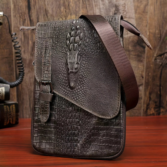 1pc Men's Cowhide Small Shoulder Bag, Crocodile Pattern Casual Commute Sling Bag