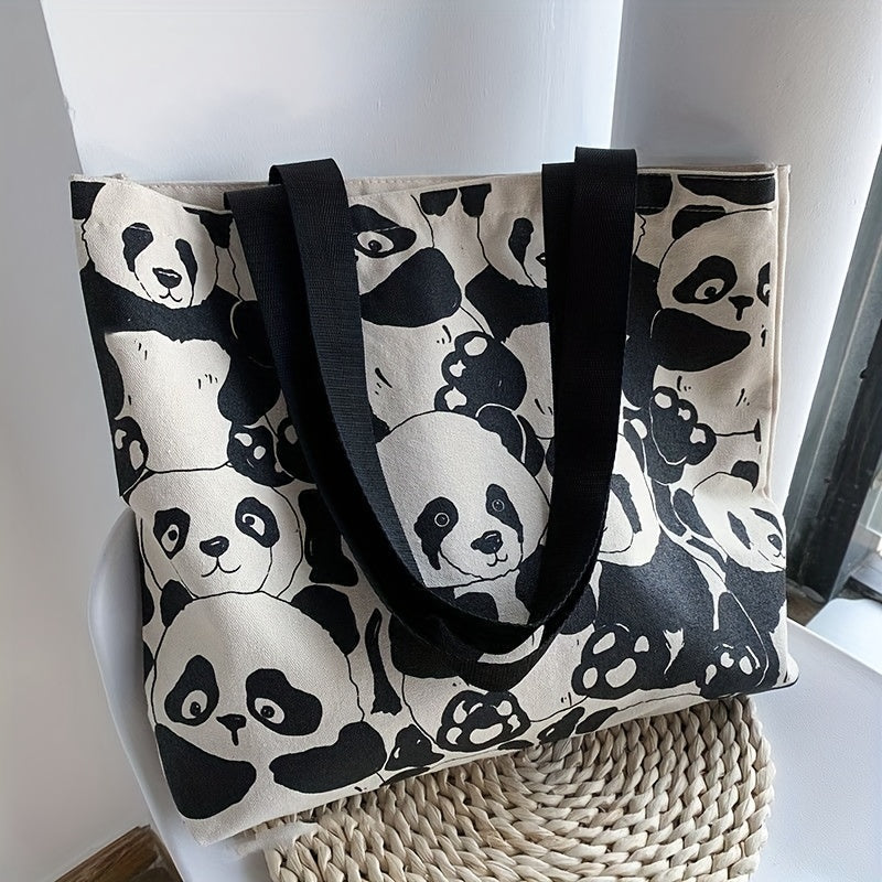 Large Capacity Shoulder Bag, Cute Panda Canvas Handbag Bookbag, Shopping Tote Bag
