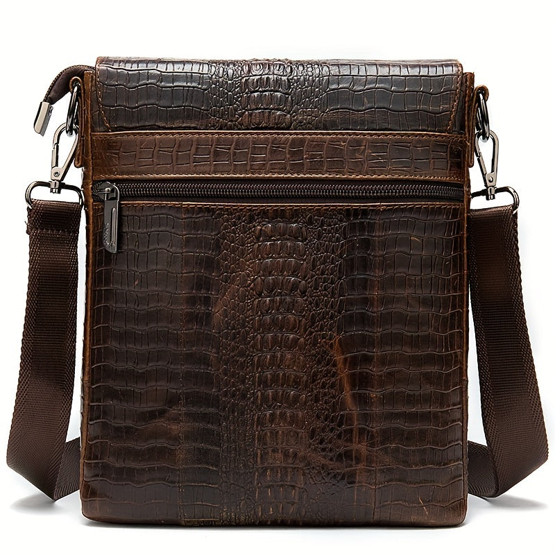 Vintage Genuine Leather Shoulder Bag, Crocodile Pattern Crossbody Bag For Work Commuting, Business Bag, Gift For Husband